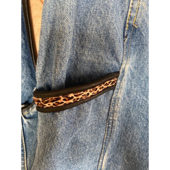 Vintage St. Maarten Dallas Denim Skirt Set Small Vest & Mini Skirt Leopard Trim - Picture 13 of 13